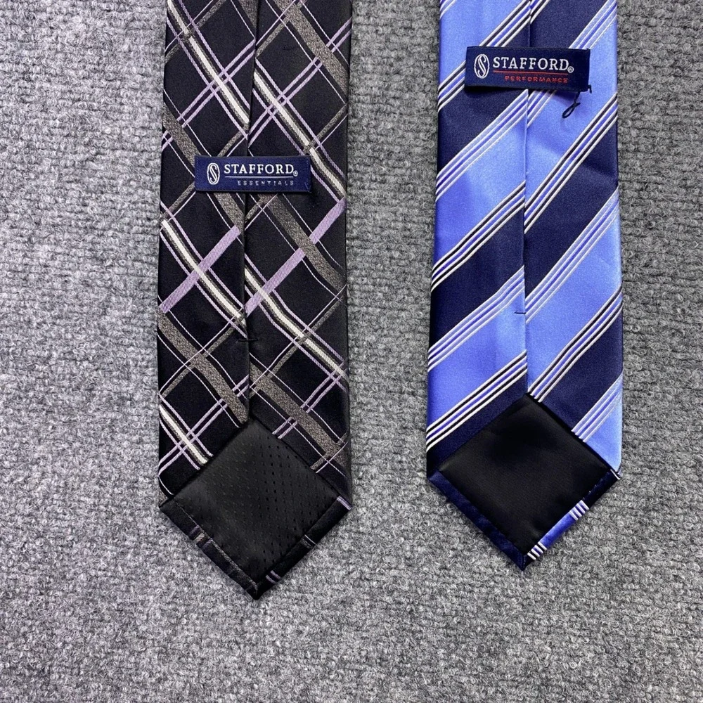 Stafford Mens Silk Tie Lot 2 Black‎ Plaid Purple Blue Striped Performance Preppy